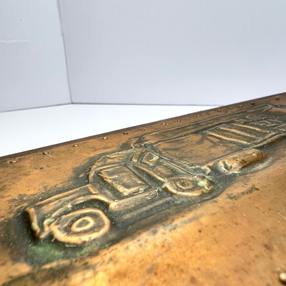 Vintage Handmade Wooden Pencil Box With Copper Bas-Relief Design Truck Transport - Picture 9 of 13